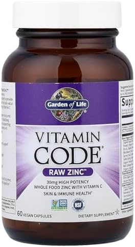 Garden of Life Zinc Supplements 30mg High Potency Raw Zinc and Vitamin C Multimineral Supplement, Vitamin Code Vitamins Trace Minerals & Probiotics for Skin Health & Immune Support, 60 Vegan Capsules