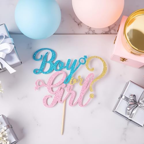 Sleyberoy boy or girl cake topper - gold glitter baby shower, gender reveal, welcome newborn party decoration (Blue And Pink)