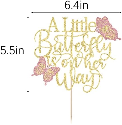 A Little Butterfly is on Her Way Cake Topper,Butterfly Themed Cake Decoration,Great for baby shower, welcome baby,gender reveal party decoration supplies (gold)