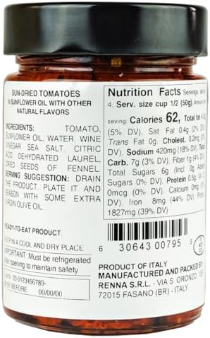 Renna Premium Italian Sun-Dried Tomatoes in Oil (10.58 oz), Authentic Culinary Excellence from Italy, Experience the Rich Flavors of the Mediterranean with Renna