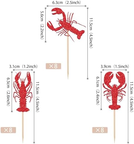 24 PCS Crawfish Cupcake Toppers Red Glitter Lobster Cupcake Picks Crawfish Party Decorations for Ocean Lobster Theme Let's Get Cray Carnival Baby Shower Birthday Party Cake Decorations Supplies