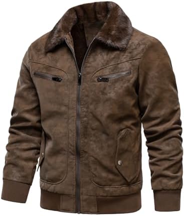 HOOD CREW Men’s Faux Fur Flight Bomber Jacket Vintage Winter Coats Fleece Lined Leather Jackets
