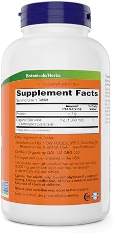 NOW Foods Organic Spirulina 1000mg Tablets - 300 Count - Non-GMO, Super Green Whole Food Supplement - Double Strength