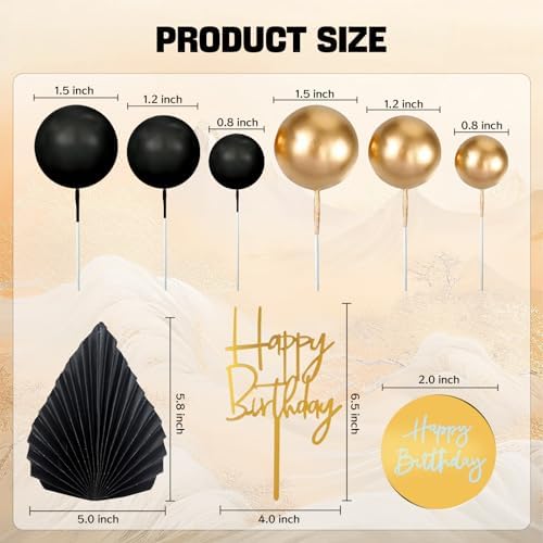 MEMOVAN 26pcs Man Cake Topper Black Boho Cake Topper Black Gold Balls Palm Leaves Black Gold Cake Decorations for Man Boy Bohemian Black Theme Wedding Baby Shower Birthday Party