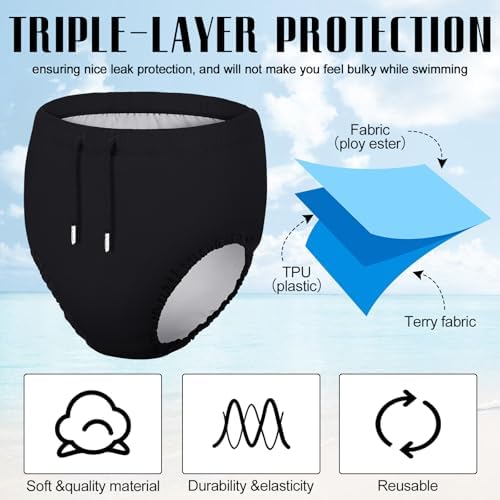 Glitopper 2 Pcs Reusable Adult Swim Diapers Special Needs Cloth Diaper Covers Washable Nappy Trunks Waterproof Leakproof for Postpartum Women Incontinence Protection Unisex(Black,L)