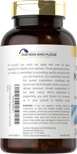 Carlyle Triple Magnesium Complex | 400 mg | 240 Capsules | Magnesium Malate, Glycinate & Citrate | Vegetarian, Non-GMO, and Gluten Free Supplement