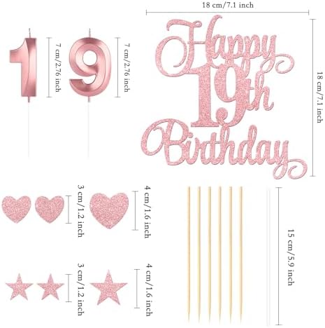 Rose Gold Happy 19th Birthday Cake Decorations, Glitter 19th Birthday Cake Toppers Set and Numeral 19 Candles for Birthday Party Supplies, Heart Star Cupcake Decorations