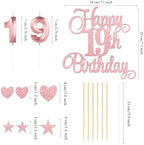 Rose Gold Happy 19th Birthday Cake Decorations, Glitter 19th Birthday Cake Toppers Set and Numeral 19 Candles for Birthday Party Supplies, Heart Star Cupcake Decorations