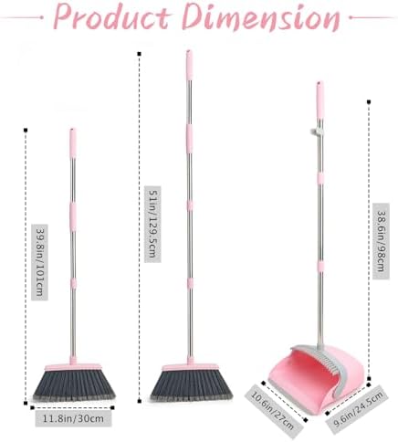 Broom and Dustpan Combo Set, Long Handle and Standing Dust Pan with Comb Teeth, Efficient Floor Cleaning for Kitchen, Outdoor, Dorm, Apartment, Office Lobby (Pink Gray)