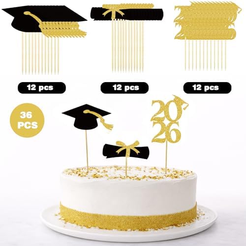 OHOME Graduation Decorations 2026-36 PCS Graduation Cupcake Toppers - 2026 Graduation Party Decorations - Mini Cake Decorations for Class of 2026,Diploma, 2026, Grad Cap Set (Black)