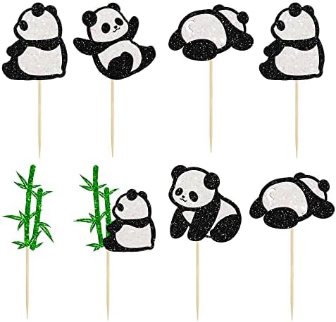 24Pcs Panda Cupcake Toppers Glitter Green Bamboo Cupcake Picks Cute Animal Bear Cake Decorations Baby Shower Kids Birthday Panda Theme Party Supplies