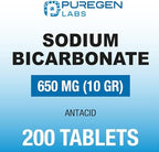Puregen Labs Sodium Bicarbonate Tablets 650mg (10 Grains) - 200 Count | USP Grade Baking Soda Supplement, Natural Relief of Acid Indigestion, Heartburn, Sour Stomach & Upset Stomach