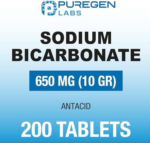 Puregen Labs Sodium Bicarbonate Tablets 650mg (10 Grains) - 200 Count | USP Grade Baking Soda Supplement, Natural Relief of Acid Indigestion, Heartburn, Sour Stomach & Upset Stomach