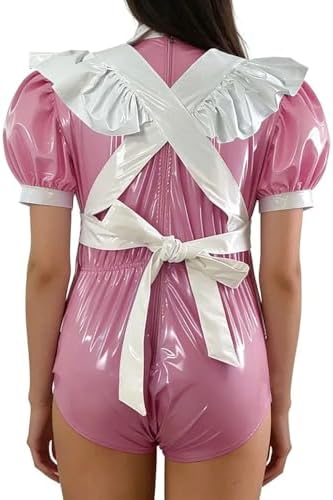 PVC Maid Bodysuit with Apron Puff Sleeve Bow Maid Rompers Themed Party Cosplay Outfit