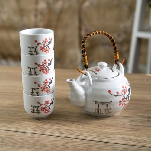 Urban Tokyo Japanese Cherry Blossom Torii Gate Design Tea Set, 22 oz Ceramic Teapot with 4 Cups, White with Bamboo Handle