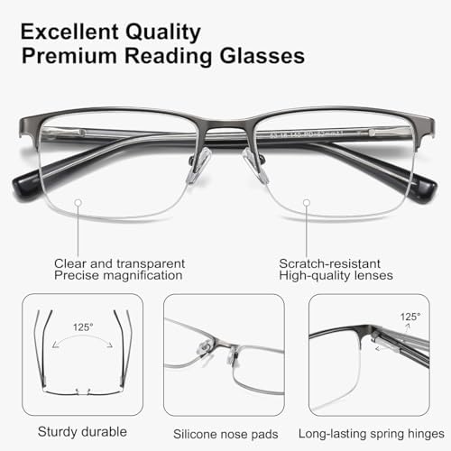EYECEDAR 5 Pack Reading Glasses for Men Gunmetal Ultra-Thin Stainless Steel Frame Metal Spring Hinges Readers for Men and Women 1.0