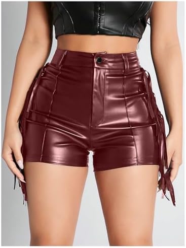 BEAUDRM Women's Y2K Sexy Faux Leather Shorts Fringe Tassel Festival Rave Micro Shorts Western Cowgirl Outfits