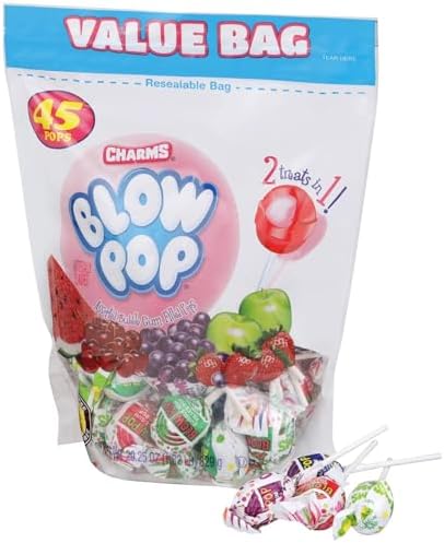 Charms Blow Pop Lollipops - Individually Wrapped Dual Candy and Gum Suckers - Peanut Free, Gluten Free - Bulk Treat for Kids and Adults - Assorted Flavors, 45 Count (29.25 oz.)