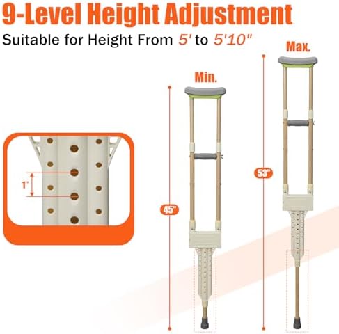 Aluminum Crutches for Adults, Pair of Height Adjustable Crutch (Fits 5'0" - 5'10"), Universal & Lightweight Crutches for Kids, Women, Includes Padded Underarm Cushions, Rubber Tips, 300 lbs Capacity