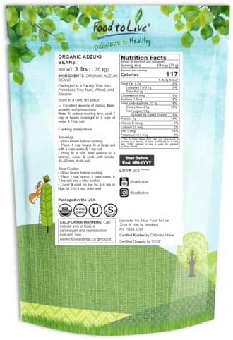 Food to Live Organic Adzuki Sprouting Beans, 3 Pounds – Whole Raw Dried Azuki Beans (Red Mung Beans), Non-GMO, Kosher, and Vegan, Bulk Organic Beans