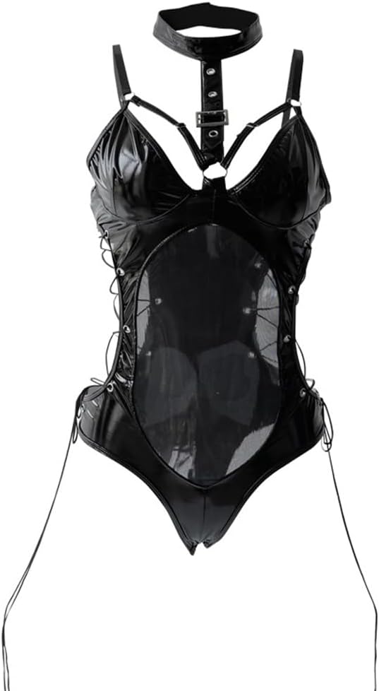 SINROYEE Women’s Teddy Bodysuit Sexy Lace Up Leather Pu Nightshirt Nightout One Piece ClubwearSexy cosplay Lingerie