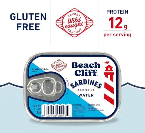 Beach Cliff Sardines in Water, 3.75 oz Can (Pack of 12) - Wild Caught Sardines - 12g Protein per Serving - Gluten Free, Keto Friendly