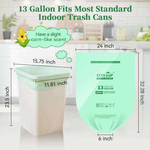 ECOLipak 13 Gallon Compostable Trash Garbage Bags, 50 Count (1 Roll) Biodegradable Heavy Duty Bathroom Kitchen Trash Bags for Home/Office, US BPI ASTM D6400 and OK Compost Home Certified
