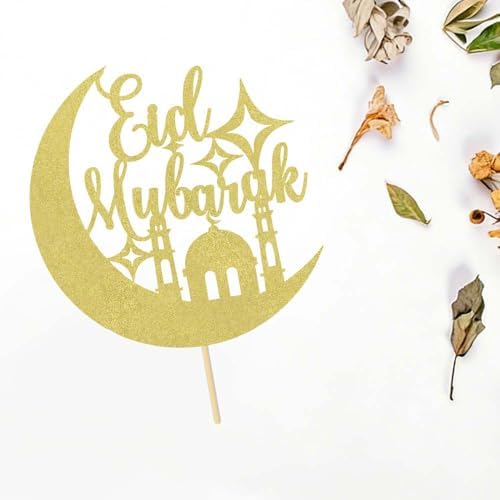 Eid Mubarak Cake Topper - Ramadan Party Decorations - Hajj Mubarak Festival Anniversary Party - Muslim Islam Celebration Decoration Gold Glitter