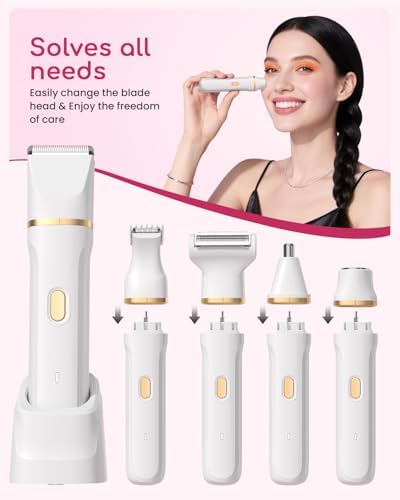 Bikini Trimmer for Women - 5 in 1 Electric Razors for Ladys Pubic Facial Nose Body Leg Hair Removal, Waterproof Electric Shaver for Women Private Area Sensitive Skin, Personal Hair Trimmer-White