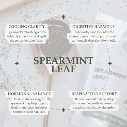 Organic Spearmint Leaves 4 oz. (113g), USDA Certified Organic Spearmint Tea Dried Loose Leaf, Dry Mint, Cut & Sifted