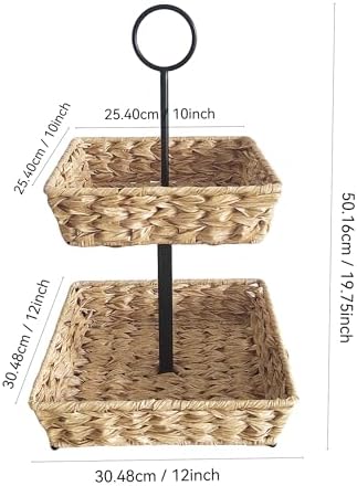 2 Tier Wire Fruit Basket with Rattan | Square Metal Standing Baskets| Handwoven Fruit and Vegetable Storage Organizer |Stackable Candy Organizer|Multi-Function Snack Rack&Shelf for Chips