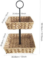 2 Tier Wire Fruit Basket with Rattan | Square Metal Standing Baskets| Handwoven Fruit and Vegetable Storage Organizer |Stackable Candy Organizer|Multi-Function Snack Rack&Shelf for Chips