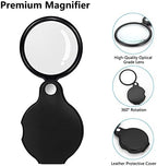 SAYEEC 4 Pcs 10X Small Magnifying Glass for Reading, Pocket Magnifier Folding Magnify Glass with Rotating Protective Leather Sheath and 4 Pcs Lanyard, Mini Magnifying Lens for Books Jewelry Coins Gems