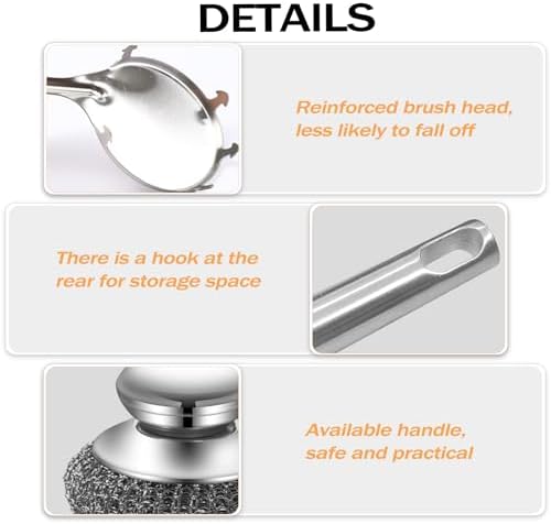 Heavy Duty Stainless Steel Scrubber Set - Long & Short Handle with 5 Steel Wool Pads, Cast Iron & Pot Scrubber for Dishes, Pans, Grills, Stoves
