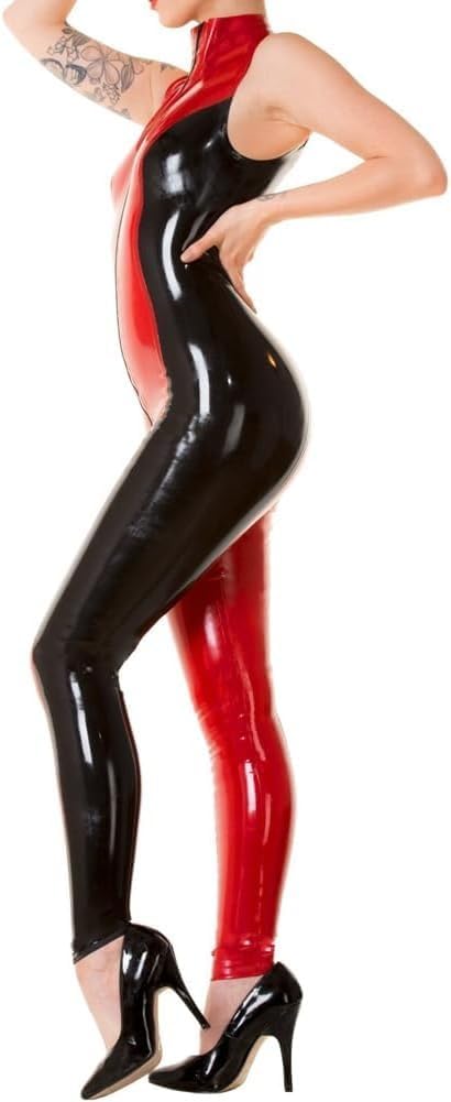 Women's Latex Catsuits Full Cover Two Tone Crotch Zipper Customized Sleeveless Rubber Bodysuits