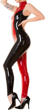 Women's Latex Catsuits Full Cover Two Tone Crotch Zipper Customized Sleeveless Rubber Bodysuits