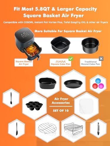 Air Fryer Accessories for Cosori, 10 Piece Square Accessories for COSORI 5.8 QT 6.0 QT, Instant Vortex Plus 6QT and Larger Air Fryers, Including Cake & Pizza Pan, Rack & Skewer, Egg Bite Mold, etc.