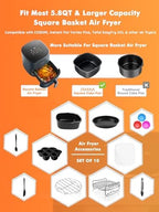 Air Fryer Accessories for Cosori, 10 Piece Square Accessories for COSORI 5.8 QT 6.0 QT, Instant Vortex Plus 6QT and Larger Air Fryers, Including Cake & Pizza Pan, Rack & Skewer, Egg Bite Mold, etc.