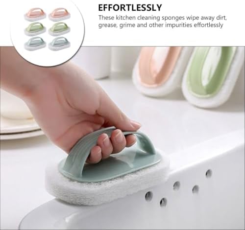 Kitchen Scrub Sponges and Handle Cleaning Brushes 6pcs Set, Dual-Color Non-Scratch Household Pot Scrubbers for Bathroom Tiles, Kitchen, and Bathtub Cleaning