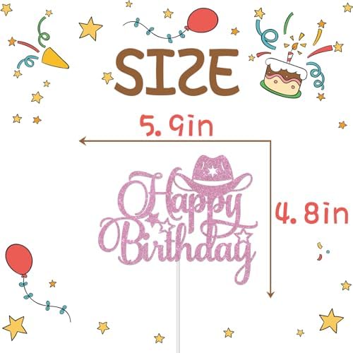 Pink Glitter Happy Birthday Cake Topper Western Theme Party Decorations Cowboy Cowgirl Bday Baby Shower Party Supplies