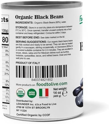 Food to Live Organic Canned Black Beans, 14 oz (Pack of 4) - Unsalted Non-GMO Frijoles Negro. Perfect for Salads, Soups, Stews. Vegan. Made in Italy