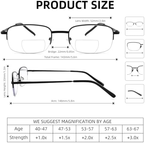 Bifocal Reading Glasses for Men,Lightweight Metal Clear Top Bi-focal Readers Half Frame Far/Near Dual-use Eyeglasses