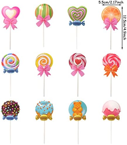 yueton 24PCS Candyland Cupcake Toppers Lifelike Lollipop Candy Ice Cream Cake Toppers Cute Sweet Cupcake Decorations for Candyland Theme Birthday Party Baby Shower Wedding Christmas