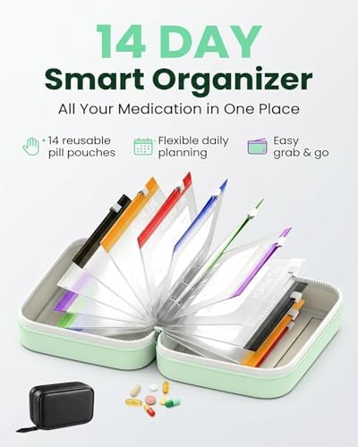 Waterproof Pill Pouch Set Travel Pill Organizer Pouches Medicine Kit Bags Pills 14 Day Medication Metal Reusable Large Case Portable Organizers Size Small Container with Labels Binder(1*Green)