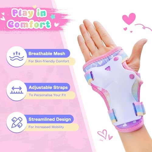 Knee Pads for Kids - ZOOBLISS Toddler Knee and Elbow Pads Set Wrist Guards for Skating Girls Aged 3-12, Kids Protective Gear for Roller Skates Skateboard Bike Scooter, Included Drawstring Bag(Rainbow)