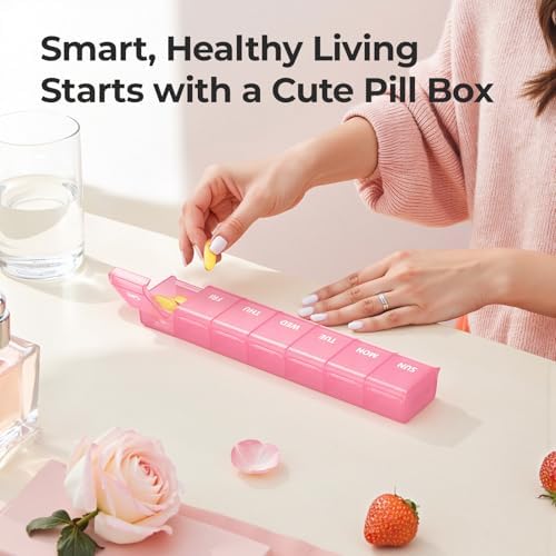 AUVON Weekly Pill Organizer with Effortless Opening Design, Arthritis Friendly Pill Box, BPA-Free Pill Organizer 7 Day, Cute & Portable Pill Case for Vitamins, Supplements and Medications