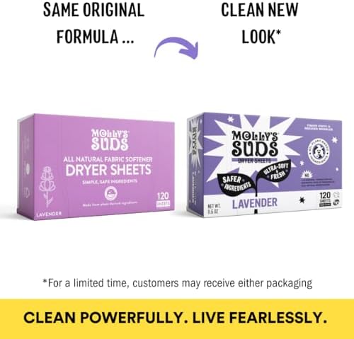 Molly's Suds Fabric Softener Dryer Sheets for Sensitive Skin | Plant-Based Static Reducer, Plastic-Free Packaging | Lavender (120 Sheets)