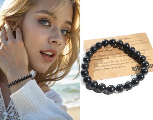 RICHRAIN Shungite Bracelet Shungite Stones Shungite Round Beads Handmade Stretch Healing Crystal Protection Jewelry for Men Women