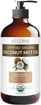 velona USDA Certified Organic MCT Coconut Oil - 16 fl oz in Glass Bottle | 100% from Coconut | Fractionated | Skin, Face, Body, Hair Care