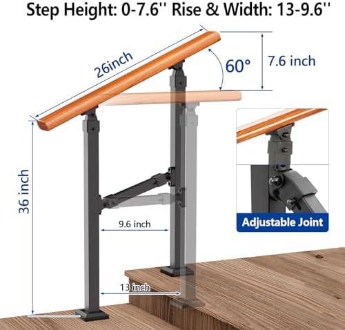 Metal Handrail Wood Grain for Elderly, 2 Step Hand Rails for Outdoor Steps, Outdoor Indoor Stair Handrails Kit, Porch Hand Rails for Concrete Steps